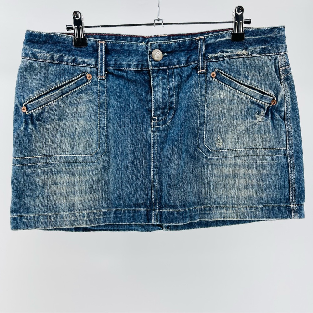 American Eagle Denim Mini Skirt, Medium Wash, Distressed Details